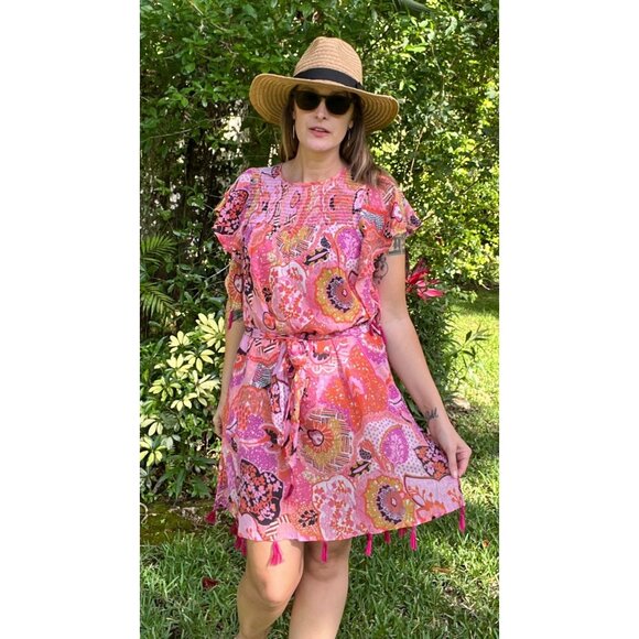 Banjanan Printed Mini Dress Flutter Sleeve Tassel Trim Floral Pink Red Large Boh - Picture 1 of 16